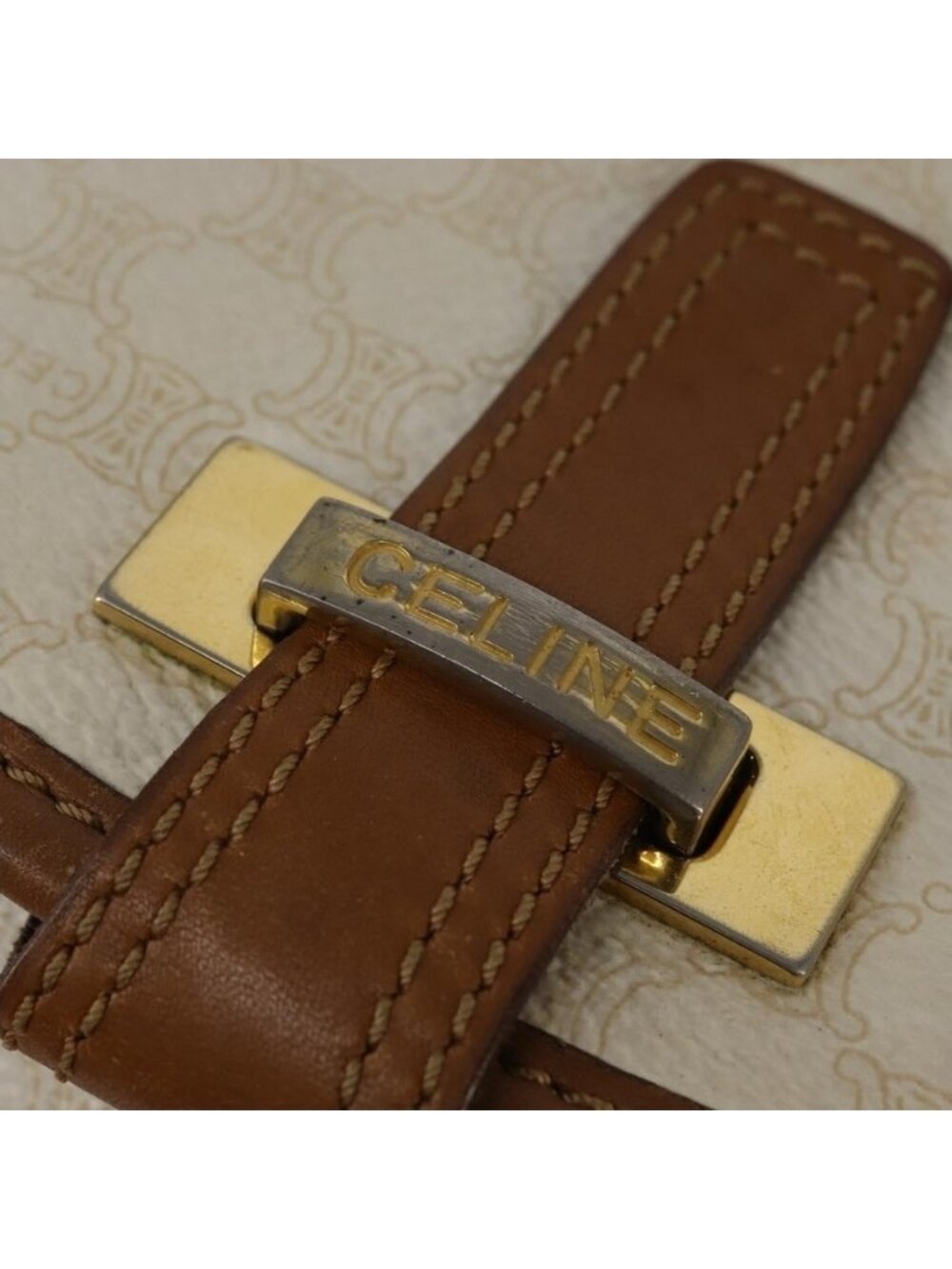 Authentic CELINE Macadam Canvas Shoulder Bag PVC Leather White Gold - Picture 16 of 16